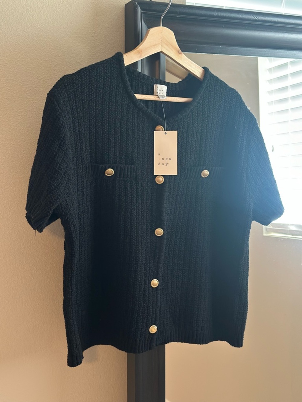 a new day Black Textured Short Sleeve Button Front Top with Gold Buttons